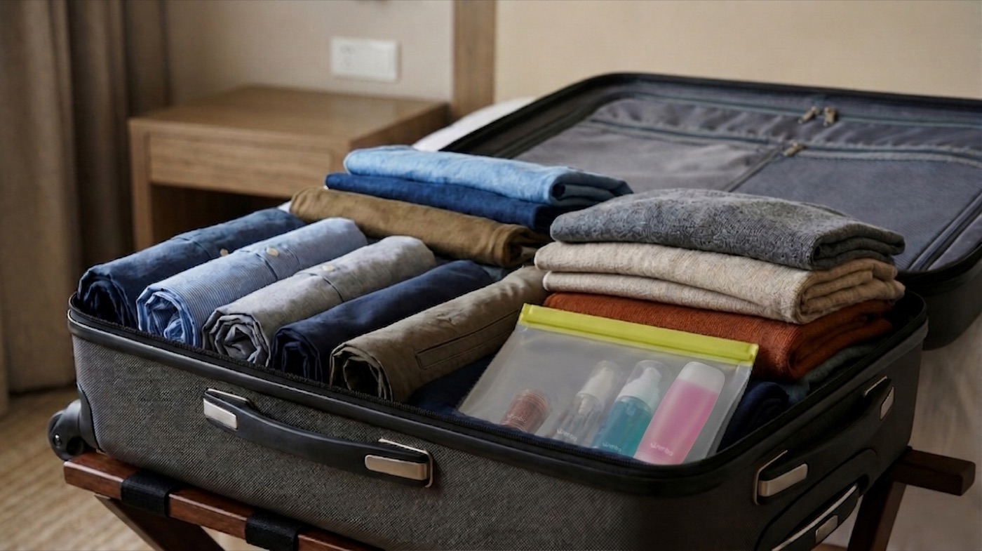Contoh packing travel Wenbo dengan botol, pouch, dan vacuum bag